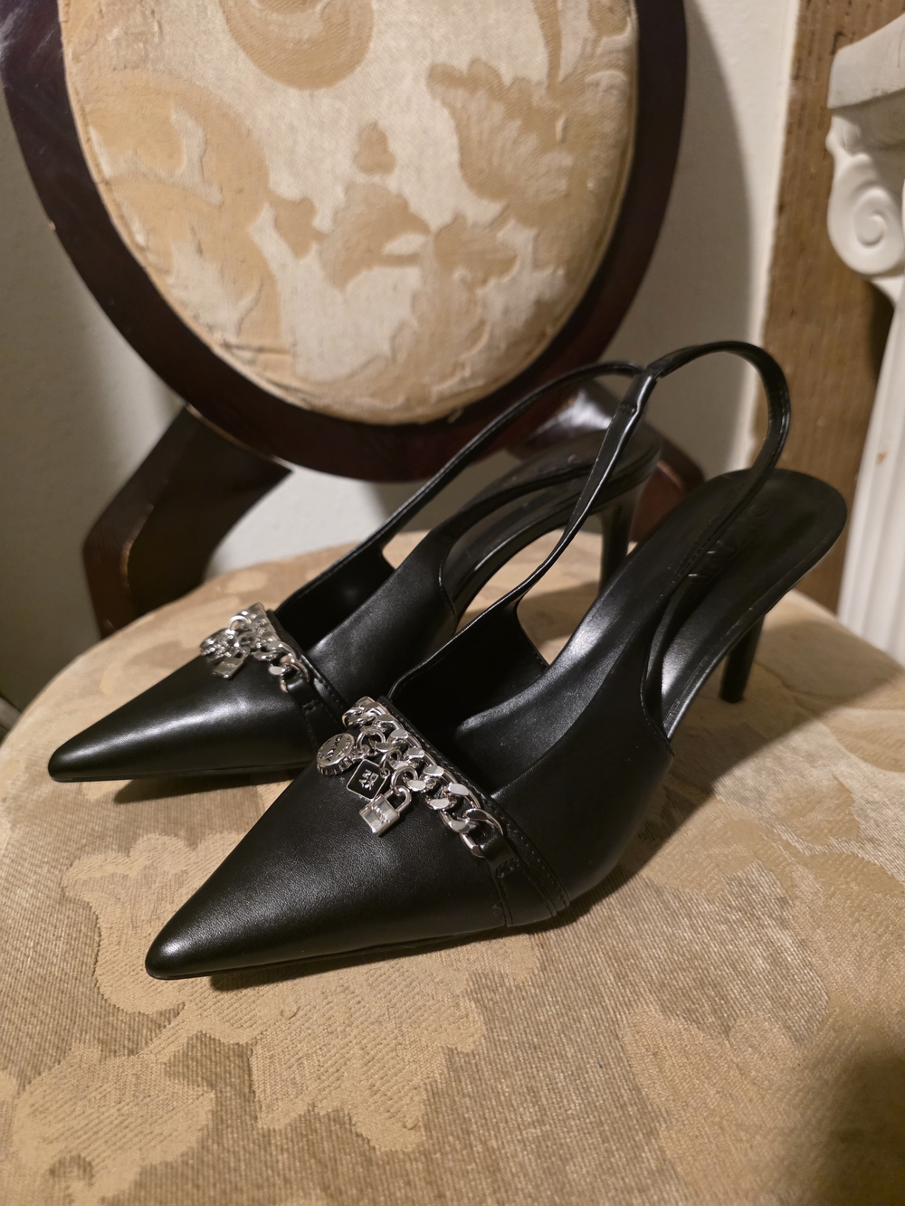 DKNYC Black Pointed Slingback Heels with Silver Chain Charms